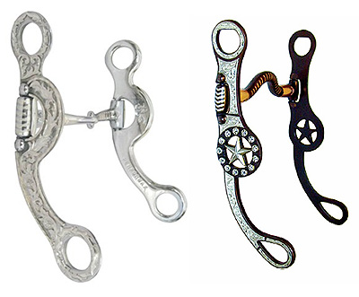Left: The Argentine snaffle bit Right: A bit with swivel cheeks and a low port Left: The Argentine snaffle bit Right: A bit with swivel cheeks and a low port